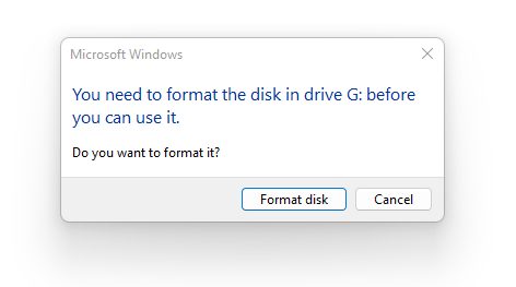 Message de formatage proposé par Windows sur un disque RAW à ne surtout pas accepter