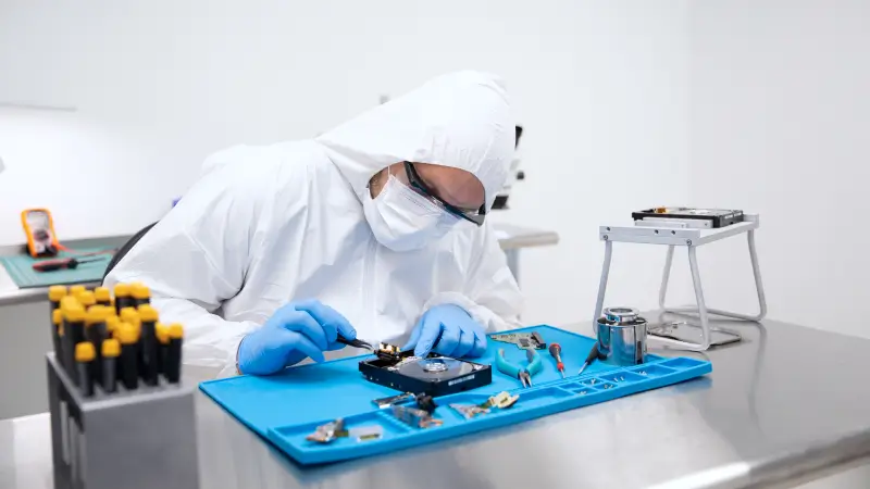 Technicien en salle blanche identifiant les zones rayées pour les contourner lors du clonage
