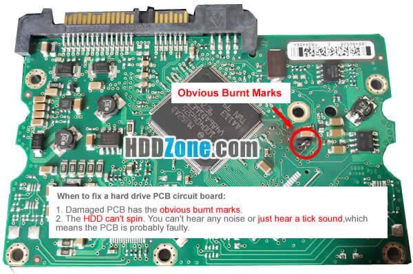 Comparatif visuel entre carte PCB défectueuse et moteur bloqué sur disque dur