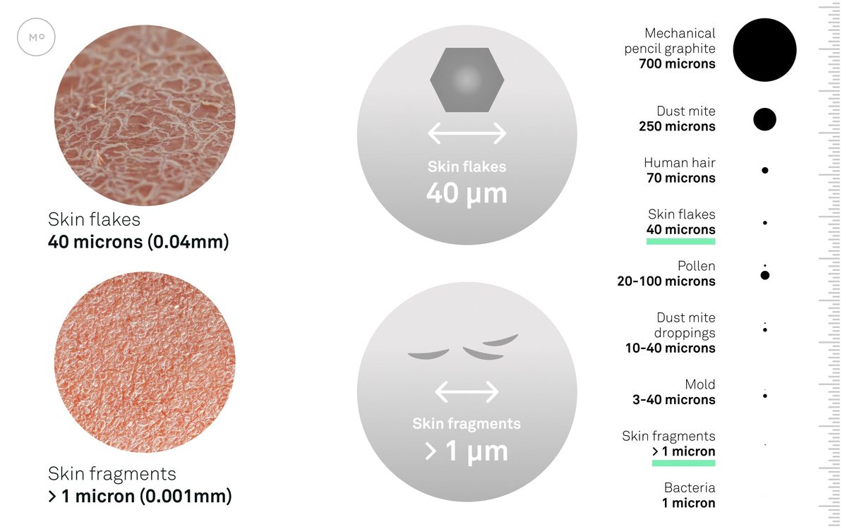 Tableau comparatif des tailles : poussière domestique 1-50 microns, fibre textile 10-20 microns, espace tête/plateau 0,01 micron