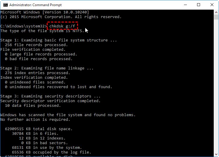 Résultat de chkdsk sur un disque en panne — erreurs multiples non réparables
